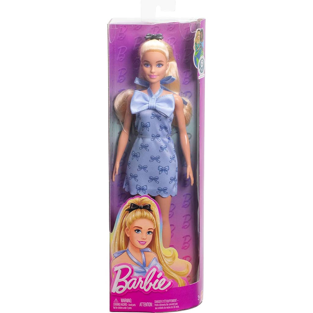 Barbie: Stylowa blond lalka Fashionista w niebieskiej sukience we wzór w kokardki – Mattel kép 1