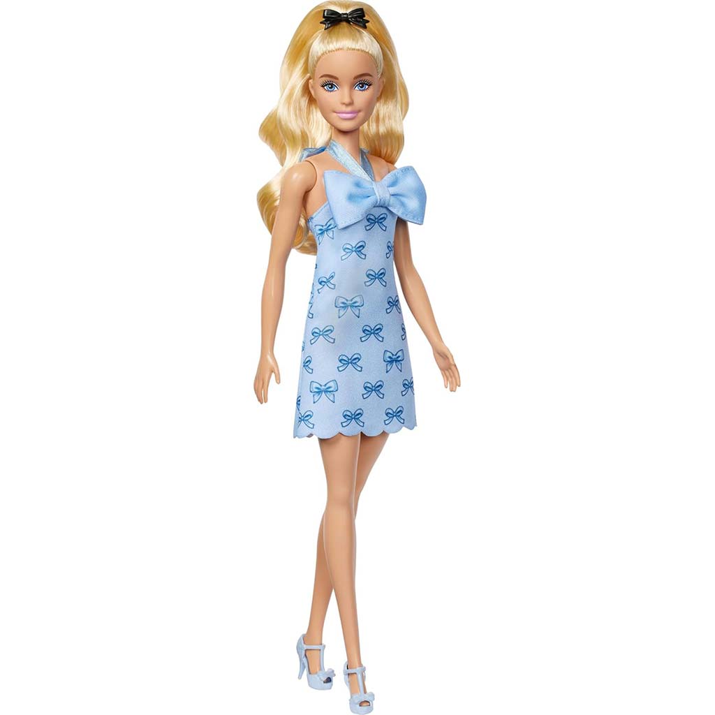 Barbie: Stylowa blond lalka Fashionista w niebieskiej sukience we wzór w kokardki – Mattel kép 2