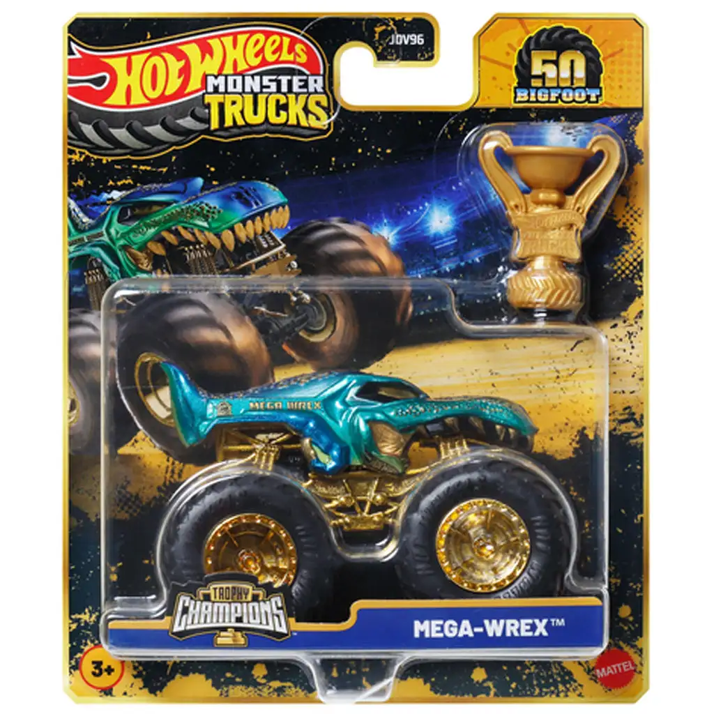 Hot Wheels Monster Trucks: Mega-Wrex mistrzowski samochodzik z pucharem 1/64 - Mattel kép 1