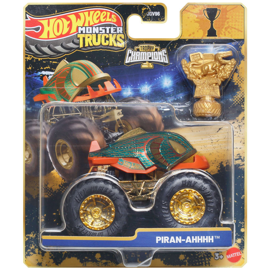 Hot Wheels Monster Trucks: Piran-Ahhh zwycięski samochodzik z pucharem w skali 1/64 – Mattel kép 1