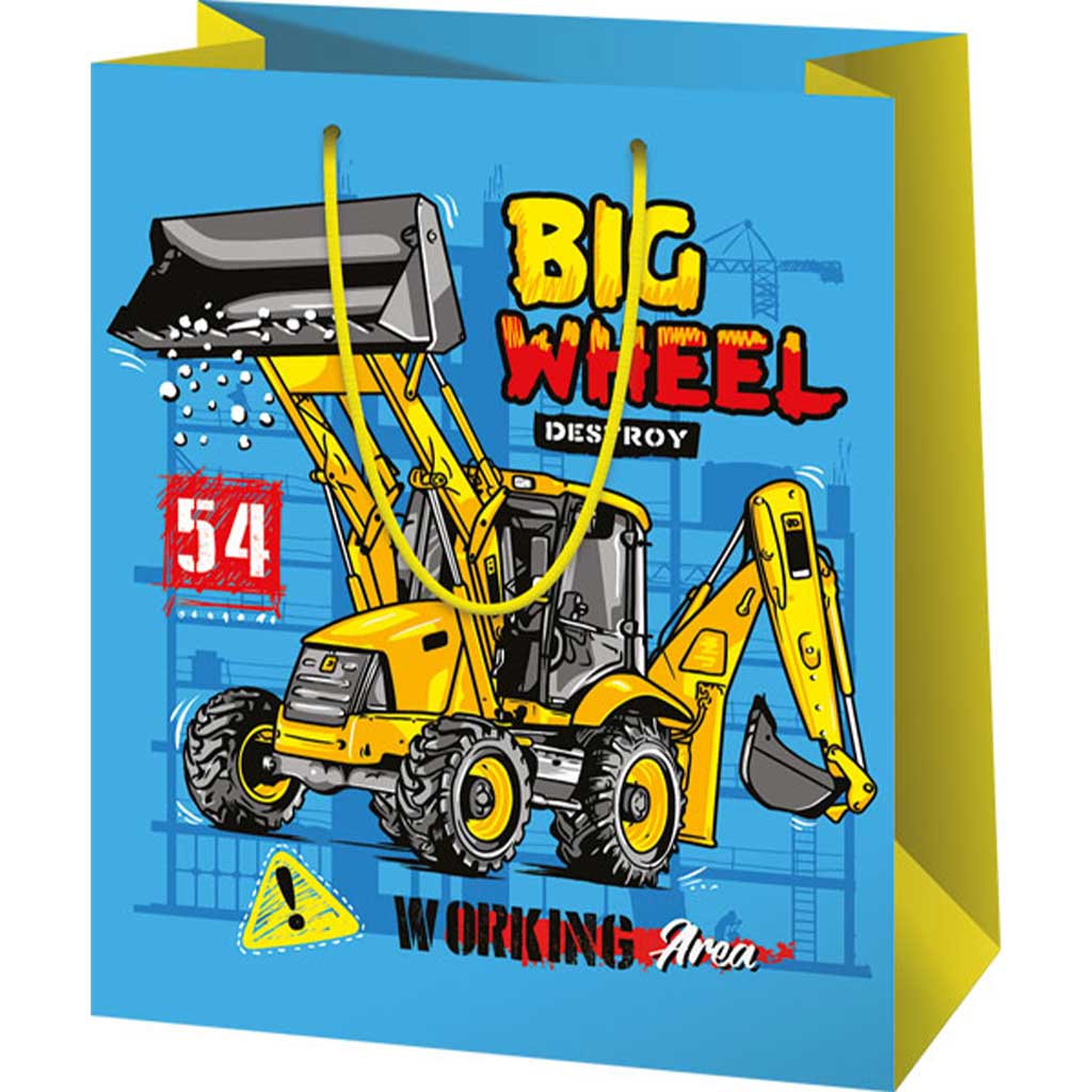 Torba prezentowa w średnim rozmiarze z wzorem Big Wheel Munkagép 18x10x23cm kép 1