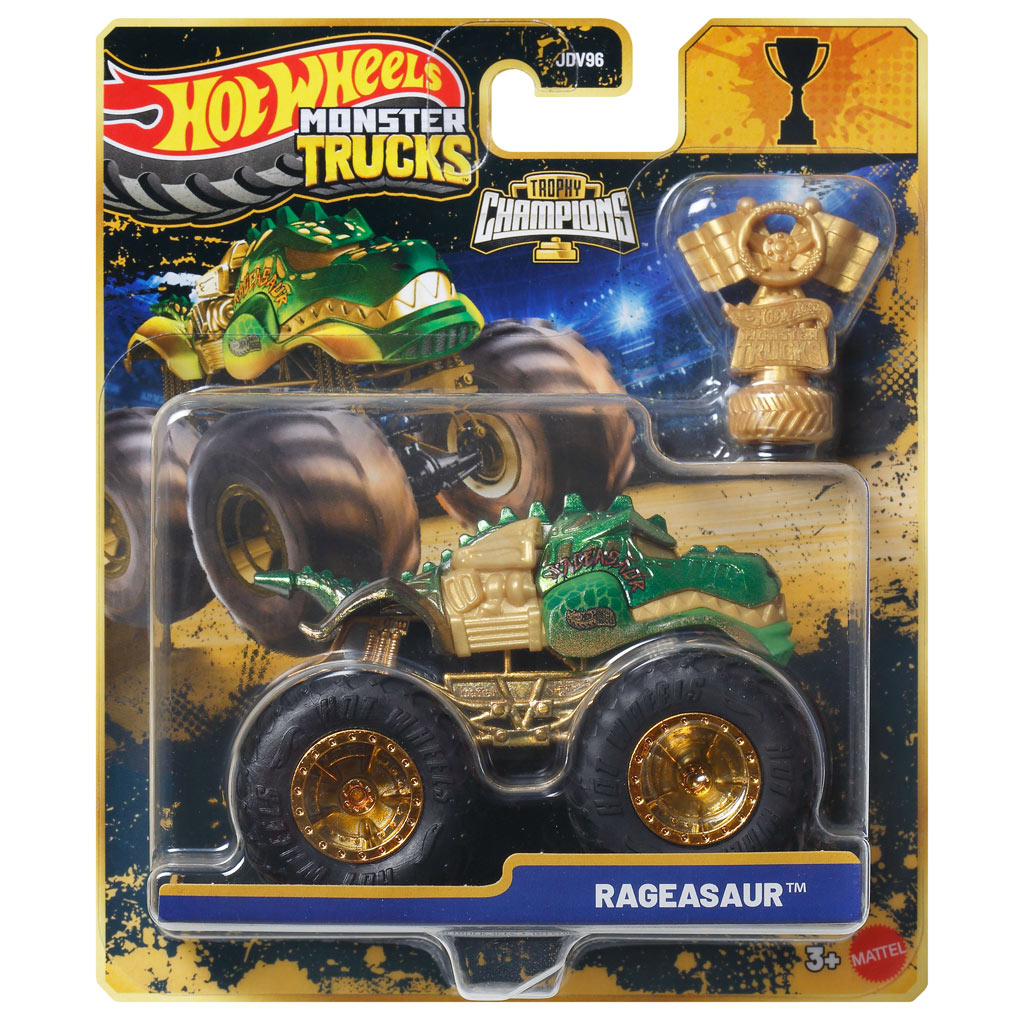 Hot Wheels Monster Trucks:Rageasaur mistrzowski samochód potwór z trofeum 1/64 - Mattel kép 1