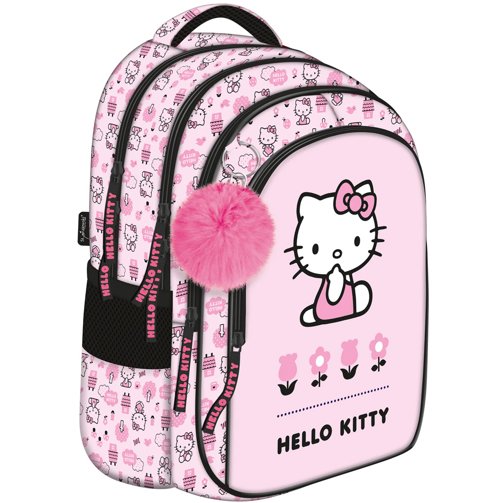 Różowa torba szkolna z motywem Hello Kitty z 4 przegródkami, plecak z pomponem BPL58 40x28x18 cm kép 1