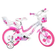 Flappy 14” rower dziecięcy z koszykiem i fotelikiem dla lalek w kolorze różowo-białym – rower Dino Bikes