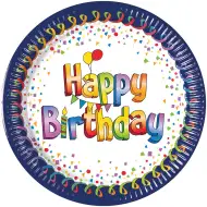 Kolorowe urodzinowe papierowe talerzyki z napisem "Happy Birthday", zestaw 8 sztuk, 20 cm.