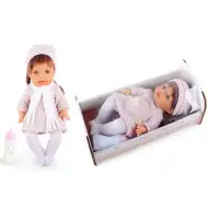 Lalka sikająca w kraciastej sukience z dźwiękiem i łóżeczkiem 30 cm