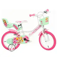 Mancs Patrol Skye 14” rowerek dziecięcy z koszykiem i fotelikiem dla lalki w kolorze różowo-miętowym – rower Dino Bikes