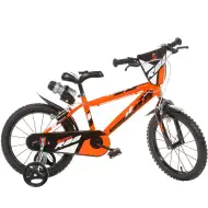 R88 14” rower dziecięcy z uchwytem na bidon i bocznymi kółkami w kolorze pomarańczowo-czarnym – rower Dino Bikes