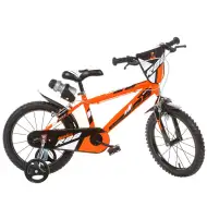 R88 16” rower dziecięcy z uchwytem na bidon i bocznymi kółkami w kolorze pomarańczowo-czarnym – rower Dino Bikes