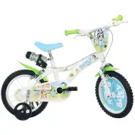 Rower dziecięcy Bluey 14” z uchwytem na bidon i bocznymi kółkami w kolorach biało-niebiesko-zielonym – rower Dino Bikes