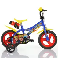 Sam strażak, dziecięcy rower 12’’ z uchwytem na bidon i bocznymi kółkami, w kolorze niebiesko-żółtym – rower Dino Bikes