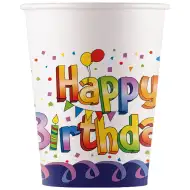 Tęczowe urodzinowe kubki papierowe z napisem "Happy Birthday", zestaw 8 szt., 200 ml
