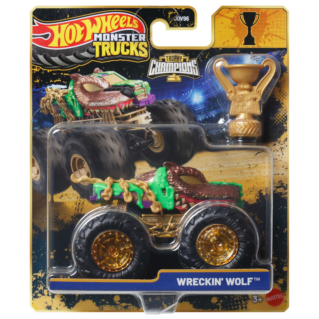 Hot Wheels Monster Trucks: Wreckin Wolf mistrzowski monster samochód z trofeumem 1/64 - Mattel